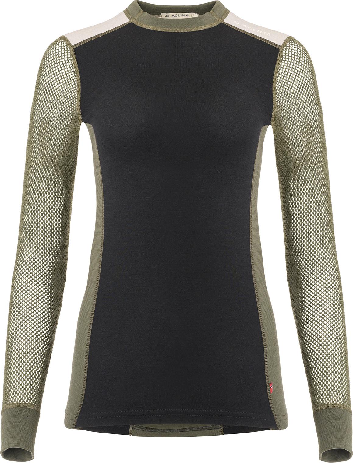 Aclima WoolNet Hybrid Crew Neck dame i Jet Black/Tarmac/Beige Melange